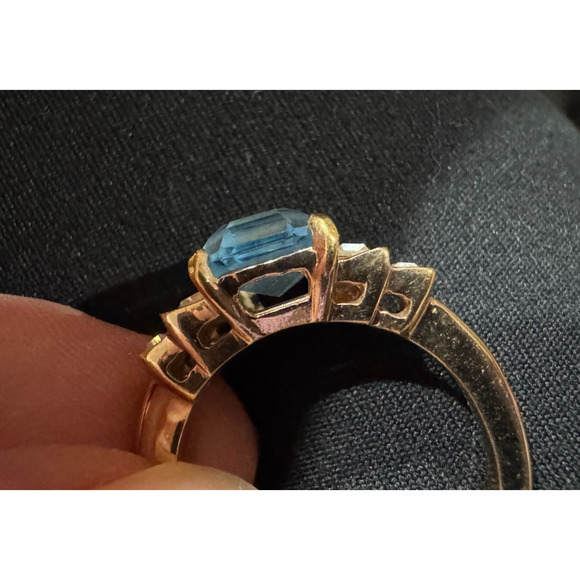 Art Deco Aquamarine 18K GP Gold Electroplate Cocktail Ring 9.5 - Picture 4 of 7